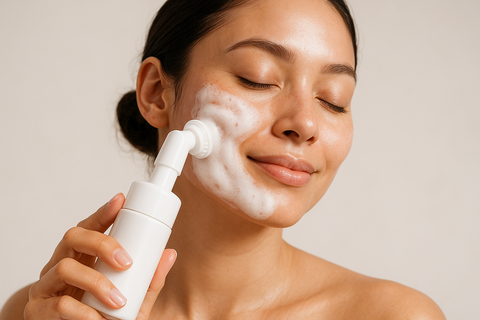 A WOMAN CLEANING HER FACE WITH A BRUSH BOTTLE AND MOUSSE IS COMING FROM THE BRUSH TO CLEAN THE SKIN